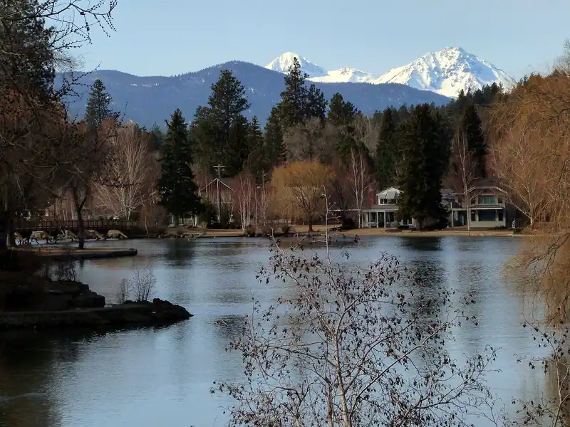 Middle and North Sister above Mirror Pond in Bend, Oregon