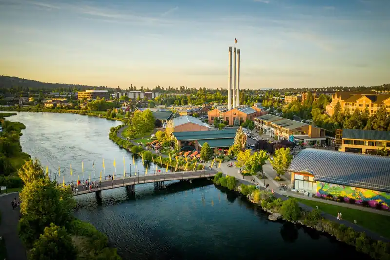 The Old Mill District and the Deschutes River in Bend, Oregon at golden hour