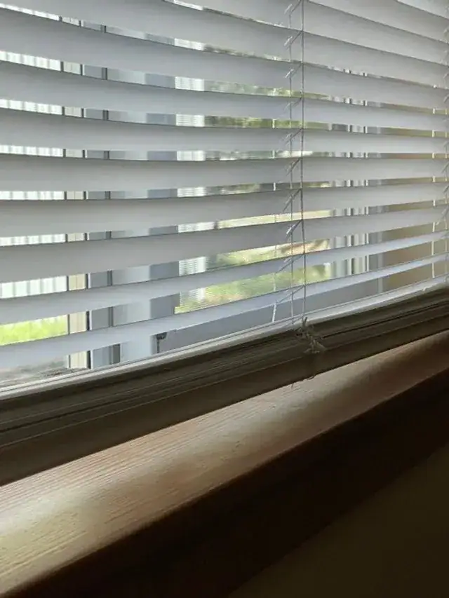 Window blinds and a wood window sill wiped clean during a deep cleaning