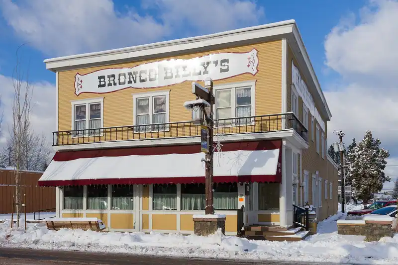 The 1912 former Hotel Sisters building on Cascade Avenue in Sisters, Oregon, in the snow